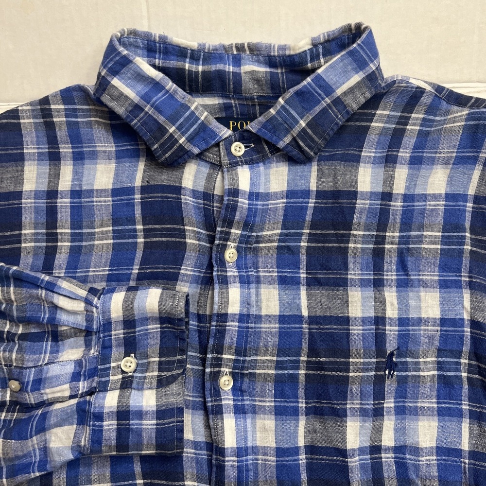 Polo Ralph Lauren Men's Linen Blue Plaid‎ Long Sleeve Button Down Shirt XXL